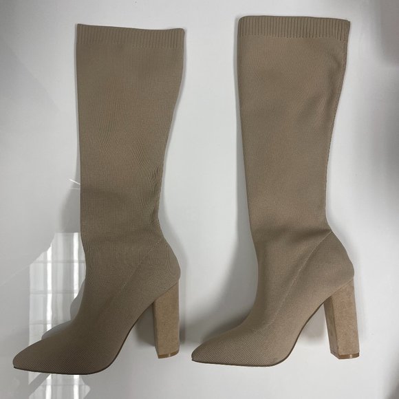 Taupe Sock Heel Boot - Picture 1 of 4